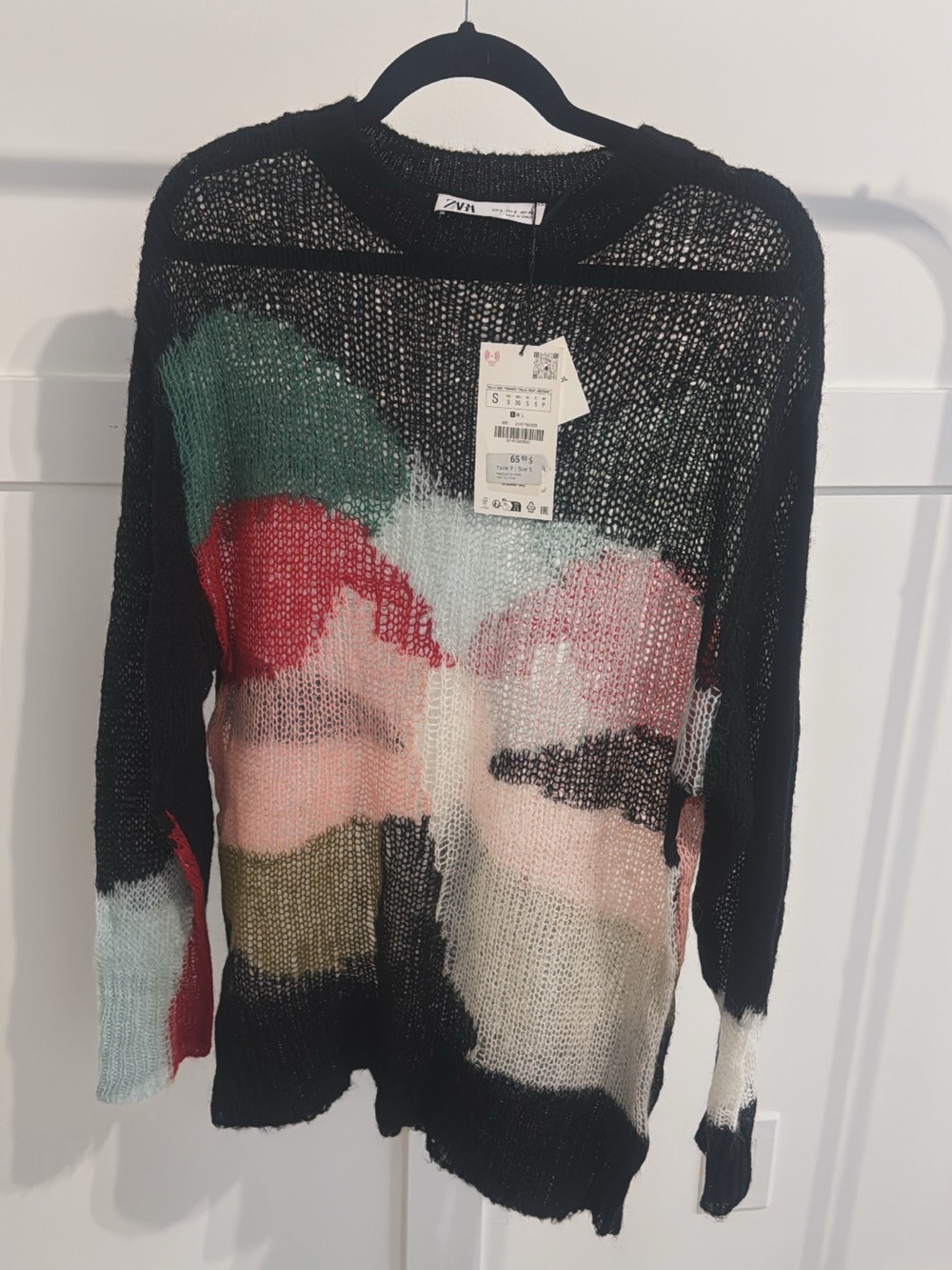 Zara Black Open-Weave Sweater with Multicolor Abstract Panels